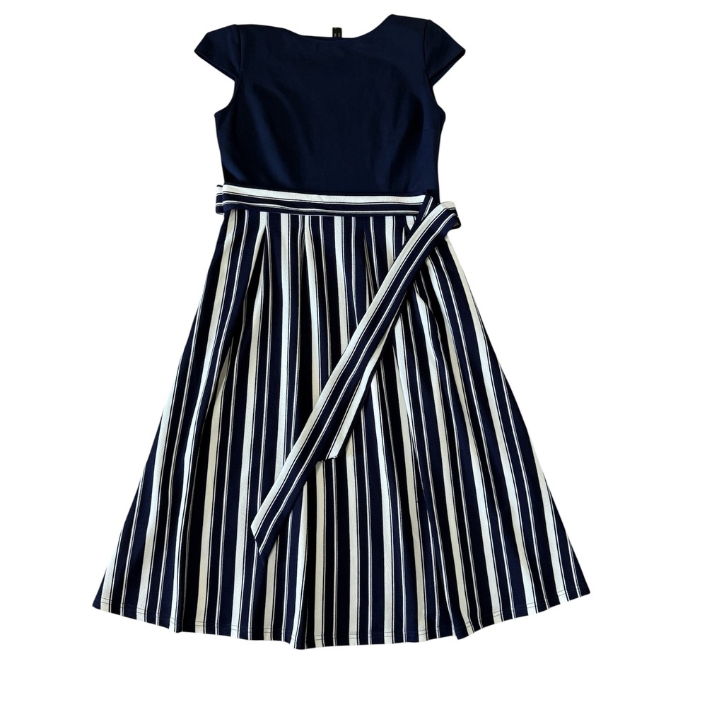 Vfshow Womens Navy‎ Blue Striped A-Line Midi Dress Cap Sleeve Pockets Belt XXL